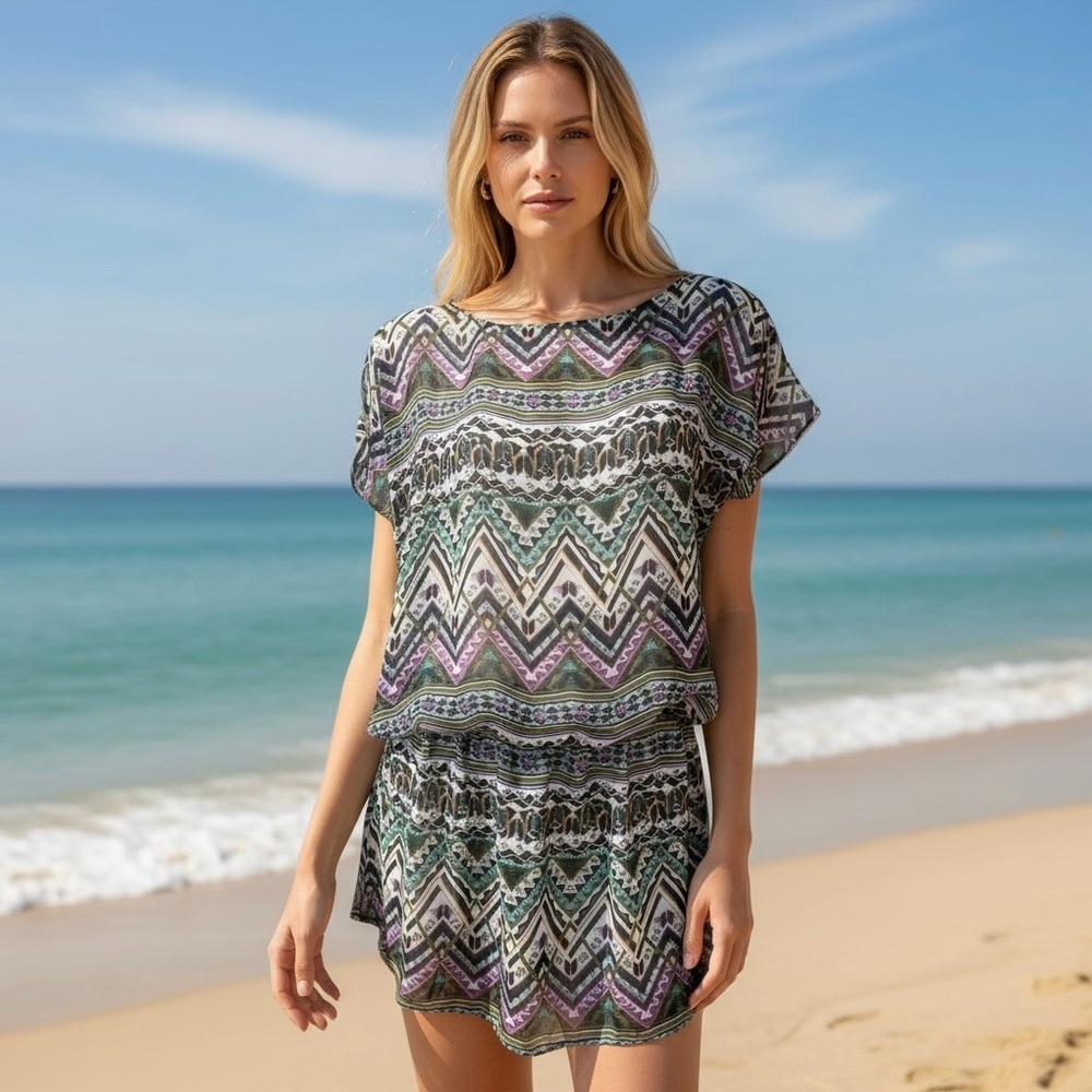 Foxy Beach Purple Green Blue Print Swimsuit Dress Beach Coverup